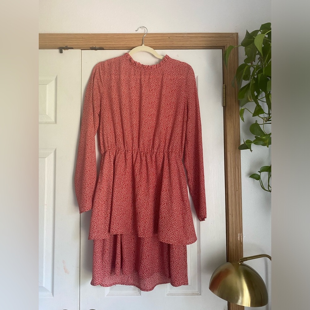 Vintage thrifted dress! Muted red dress. Cheetah print with ruffled skirt
